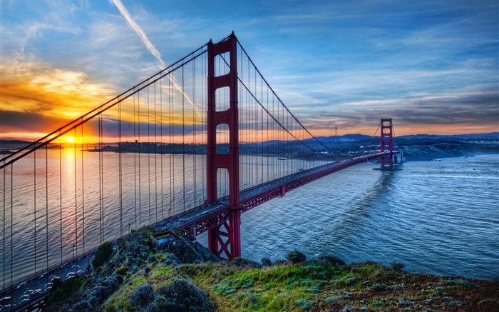 ゴールデンゲートブリッジ、サンフランシスコ、カリフォルニア州、アメリカ、海、空、日没 壁紙 ピクチャー