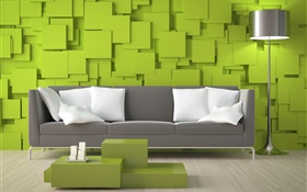 リビングルーム、ソファ、緑の壁、ランプ HDの壁紙