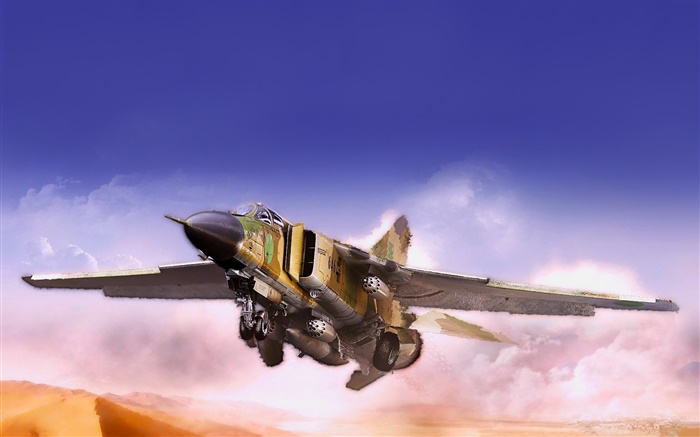 ミグ戦闘機、飛行、砂漠、雲 壁紙 ピクチャー