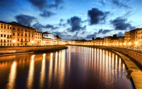 ピサ、イタリア、都市の夜、ライト、川 HDの壁紙