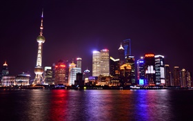 上海、中国、夜、都市、ライト、高層ビル、川