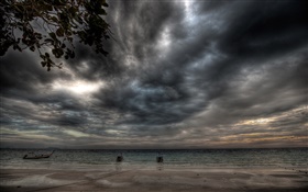 嵐、雲、海岸、ビーチ、ボート、夜 HDの壁紙