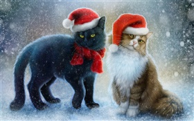二匹の猫、雪、スカーフ、クリスマスの帽子