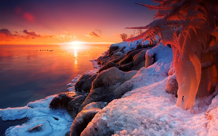 冬、日の出、湖、氷、雪、美しい風景 壁紙 ピクチャー