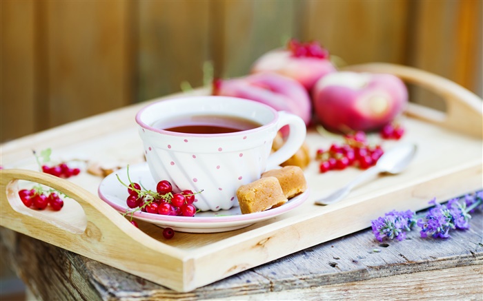 茶、赤い果実のカップ 壁紙 ピクチャー