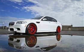 BMW M5 F10白い車、水たまり