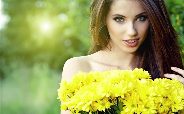美しい長い髪の少女、黄色の菊の花 壁紙 ピクチャー