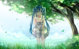 青い髪のアニメの女の子、初音ミク、木、草、葉