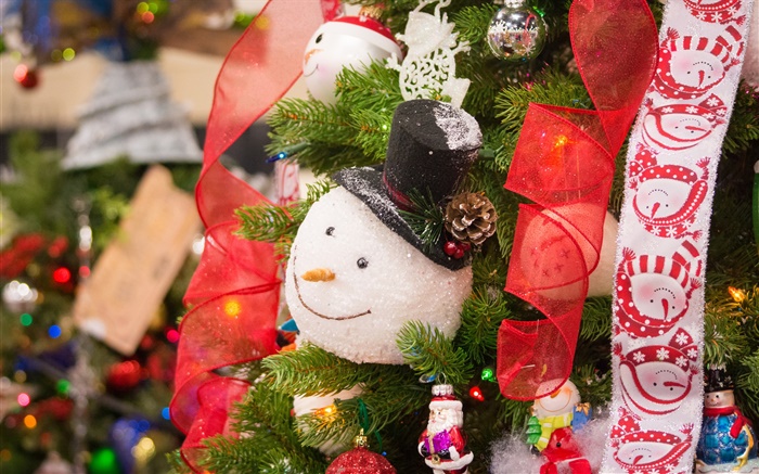 クリスマスツリー、雪だるま、おもちゃ、リボン 壁紙 ピクチャー