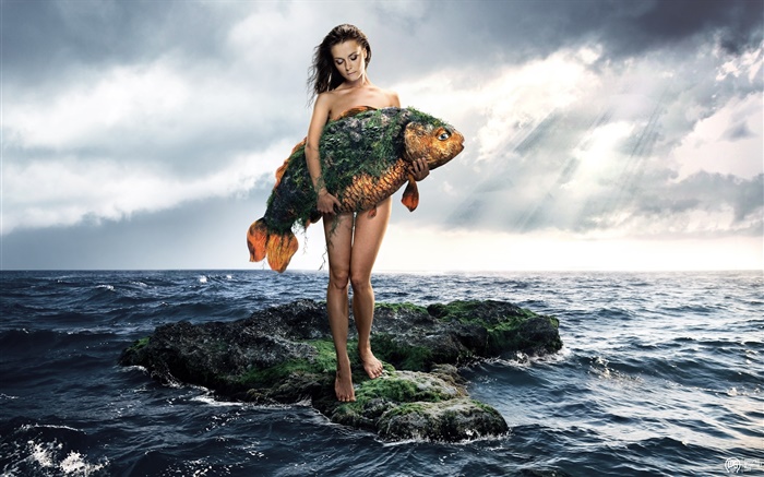 クリエイティブ写真は、女の子は、魚、海、雲を開催 壁紙 ピクチャー