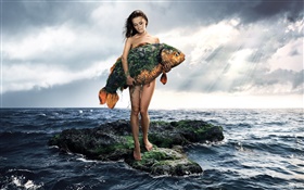 クリエイティブ写真は、女の子は、魚、海、雲を開催 HDの壁紙