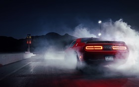 ダッジチャレンジャー赤いスーパーカー背面図、煙 HDの壁紙