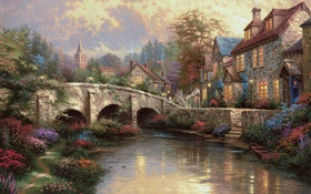 イングランド、ウィルトシャー地方、田舎、村、家、橋、芸術の絵画 HDの壁紙