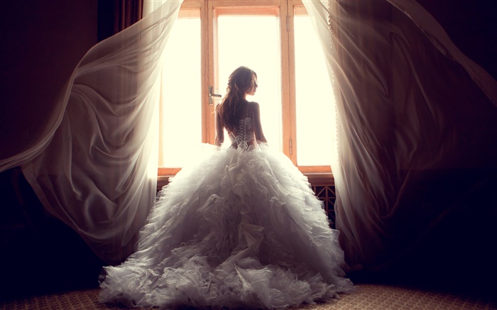 窓側、白いドレス、カーテンでガール 壁紙 ピクチャー
