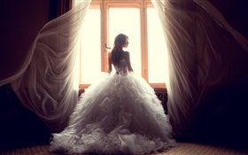 窓側、白いドレス、カーテンでガール HDの壁紙