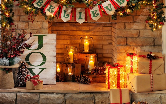 新年あけましておめでとうございます、メリークリスマス、暖炉、キャンドル、ギフトボックス 壁紙 ピクチャー