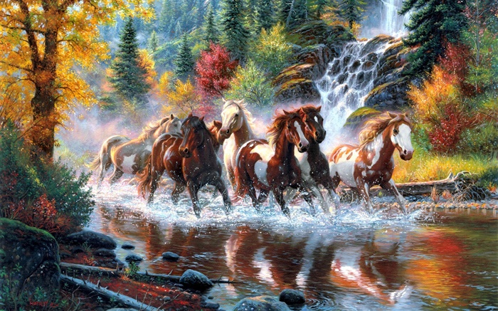 馬、川、滝、森林、秋、木、芸術の絵画 壁紙 ピクチャー