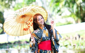 日本の女の子、着物、傘、グレア HDの壁紙