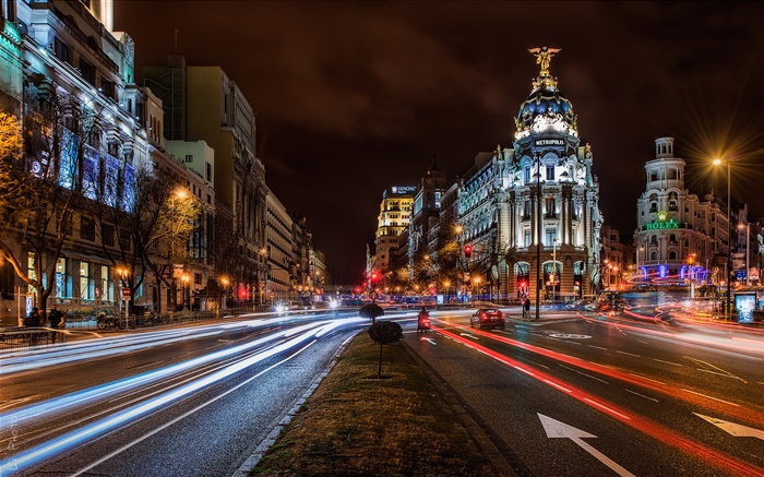 マドリード、スペイン、都市の夜、ライト、住宅、建物、道路 壁紙 ピクチャー
