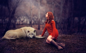 メリス、少女と狼、赤いセーター HDの壁紙