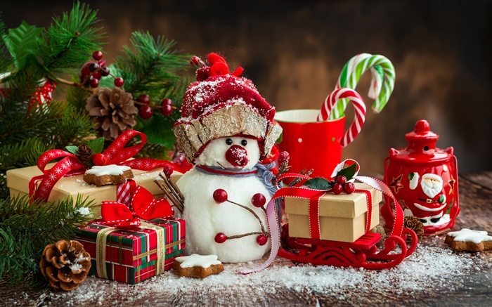 メリークリスマス、新年、装飾、雪だるま、カップ、キャンディ、ギフト 壁紙 ピクチャー