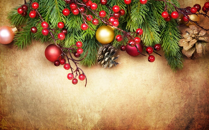 メリークリスマス、装飾、松の小枝、ベリー、ボール 壁紙 ピクチャー
