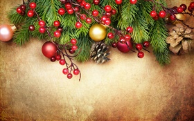 メリークリスマス、装飾、松の小枝、ベリー、ボール HDの壁紙