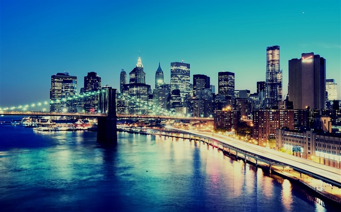 ニューヨーク、アメリカ、夜、街の明かり、高層ビル、湾 壁紙 ピクチャー