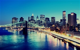 ニューヨーク、アメリカ、夜、街の明かり、高層ビル、湾 HDの壁紙