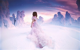 冬のピンクのドレスの女の子、厚い雪