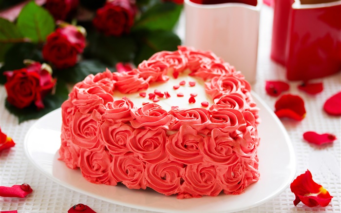 ピンクの花、ケーキ、バラの花びら 壁紙 ピクチャー