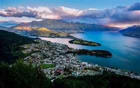 クイーンズタウン、ニュージーランド、市、ワカティプ湖、湾、山、家 HDの壁紙