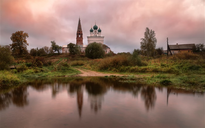 ロシア、寺院、村、池、草、木、雲 壁紙 ピクチャー