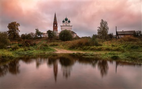ロシア、寺院、村、池、草、木、雲 HDの壁紙
