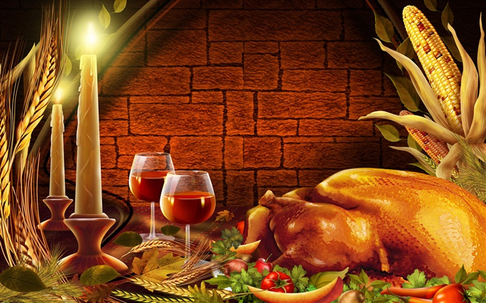 感謝祭、鶏肉、キャンドル、ワイングラス 壁紙 ピクチャー