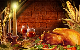 感謝祭、鶏肉、キャンドル、ワイングラス