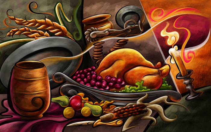 感謝祭のテーマの絵画、チキン、フルーツ、キャンドル 壁紙 ピクチャー