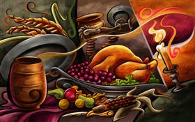 感謝祭のテーマの絵画、チキン、フルーツ、キャンドル HDの壁紙