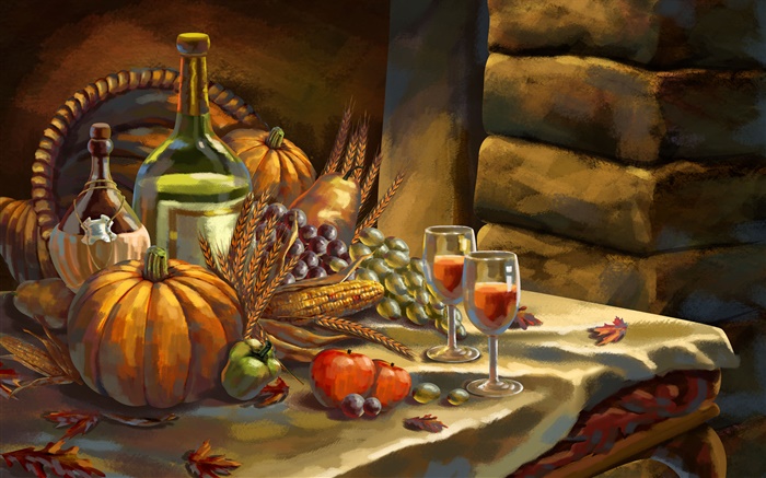 感謝祭、水彩画、カボチャ、ブドウ、ワイン、リンゴ、小麦 壁紙 ピクチャー