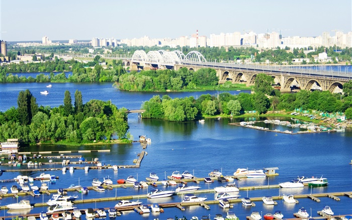 ウクライナ、市、川、橋、桟橋、ボート、木 壁紙 ピクチャー