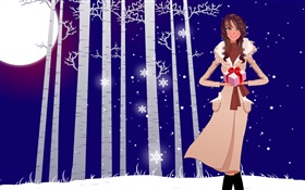 ベクトル図、女の子、冬、雪、木、贈り物 HDの壁紙