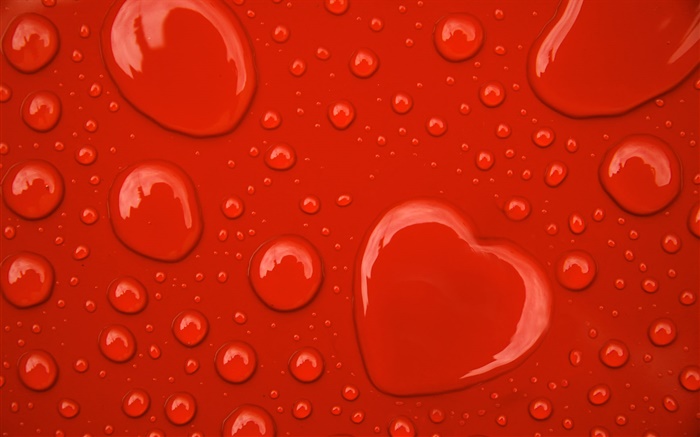 水滴、愛の心、赤の背景 壁紙 ピクチャー