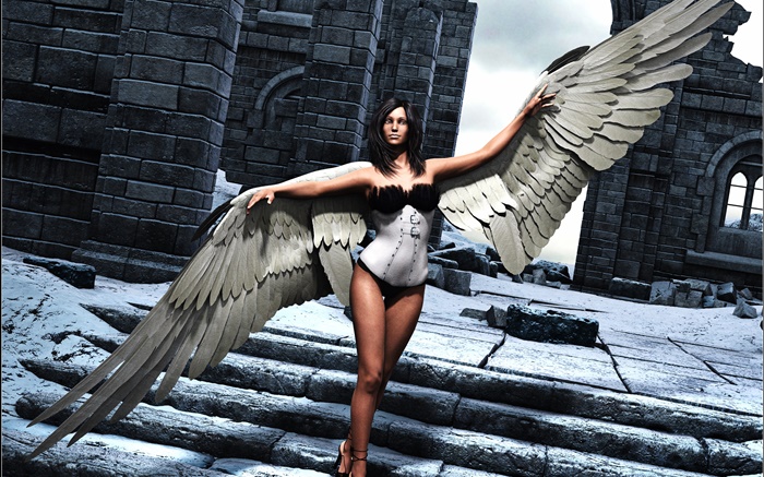 アートレンダリング、ファンタジー少女、天使、翼、階段 壁紙 ピクチャー