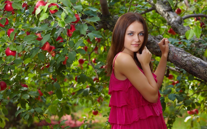 青い目の女の子、赤いドレス、リンゴの木、赤いリンゴ 壁紙 ピクチャー