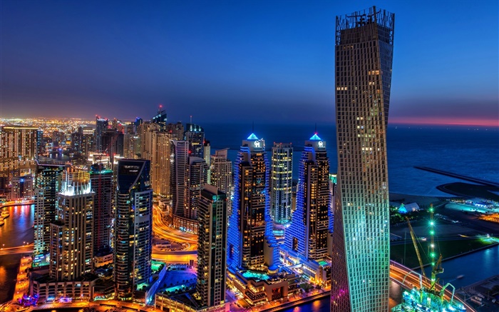 ドバイ、アラブ首長国連邦、都市、夜、ライト、高層ビル 壁紙 ピクチャー