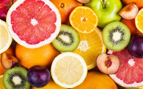 新鮮な果物、ベリー、オレンジ、キウイ、グレープフルーツ、リンゴ HDの壁紙