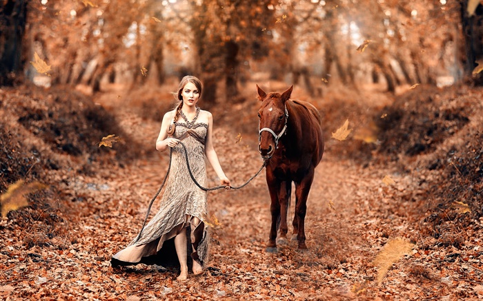 少女と馬、秋、黄色の葉 壁紙 ピクチャー