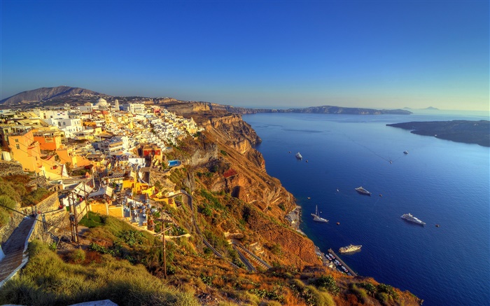 ギリシャ、サントリーニ島、海岸、海、船、ベイ、家 壁紙 ピクチャー