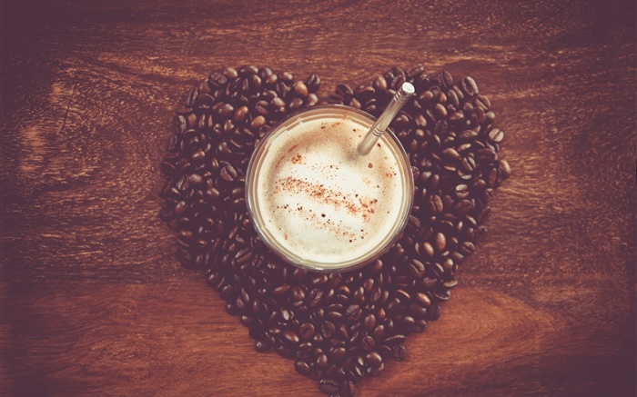 心臓コーヒー豆を愛し、テーブル、マグカップ、ドリンク 壁紙 ピクチャー