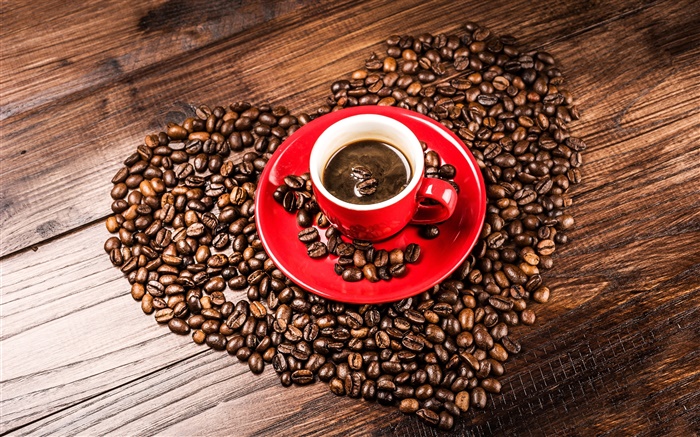 愛の心コーヒー豆、穀物、赤のカップ、ソーサー 壁紙 ピクチャー